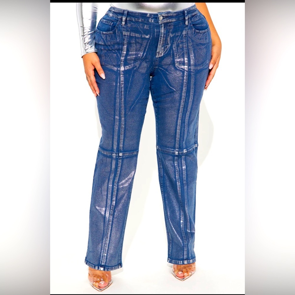 ☀️Sz 14 Fashion Nova Seeing Silver Foil Straight Leg Jeans - Blue/ Silver